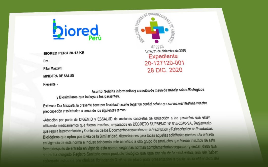 Carta a la ministra de salud, sobre información y creación de mesa de trabajo sobre Biológicos y Biosimilares que incluya a los pacientes.