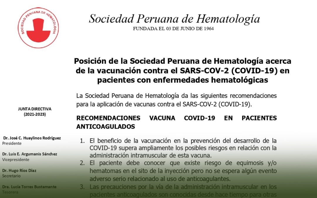 La sociedad Peruana de Hematología comparte las recomendaciones  que todo paciente debe saber con respecto a la vacuna contra el COVID-19