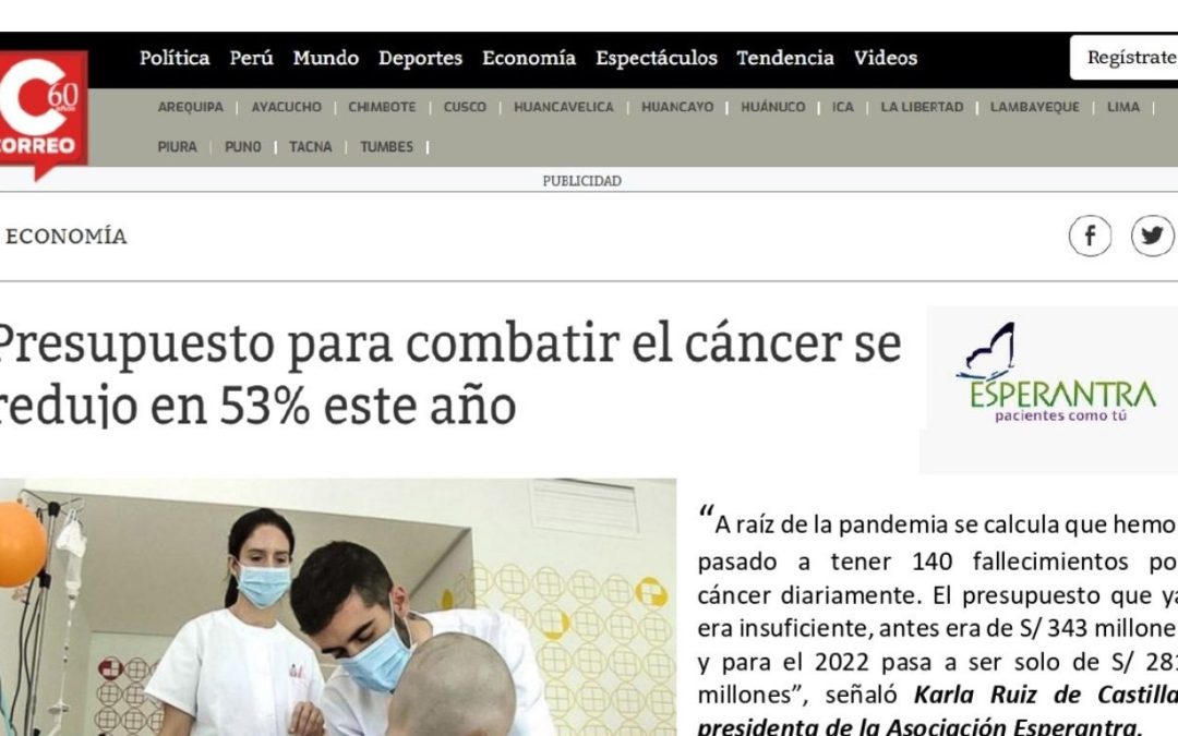 Diario Correo – Presupuesto para combatir el cáncer se redujo en 53% este año
