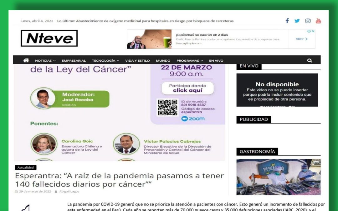 Nteve entrevista a Karla Ruiz de Castilla para hablar sobre el Foro Internacional «Experiencias exitosas  en la implementación de la Ley de cáncer»